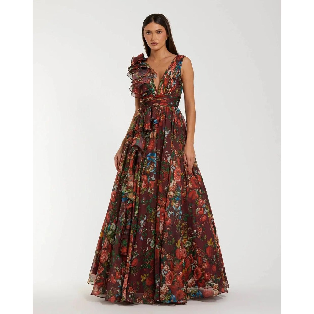 Mac Duggal Wine Sleeveless V-Neck Floral Chiffon Ruffle Ball Gown - Size 6 - Picture 5 of 14